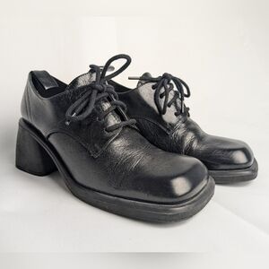L'INTERVALLE Black Glossy Leather Block Heel Laces Shoes Square Tip Size 37